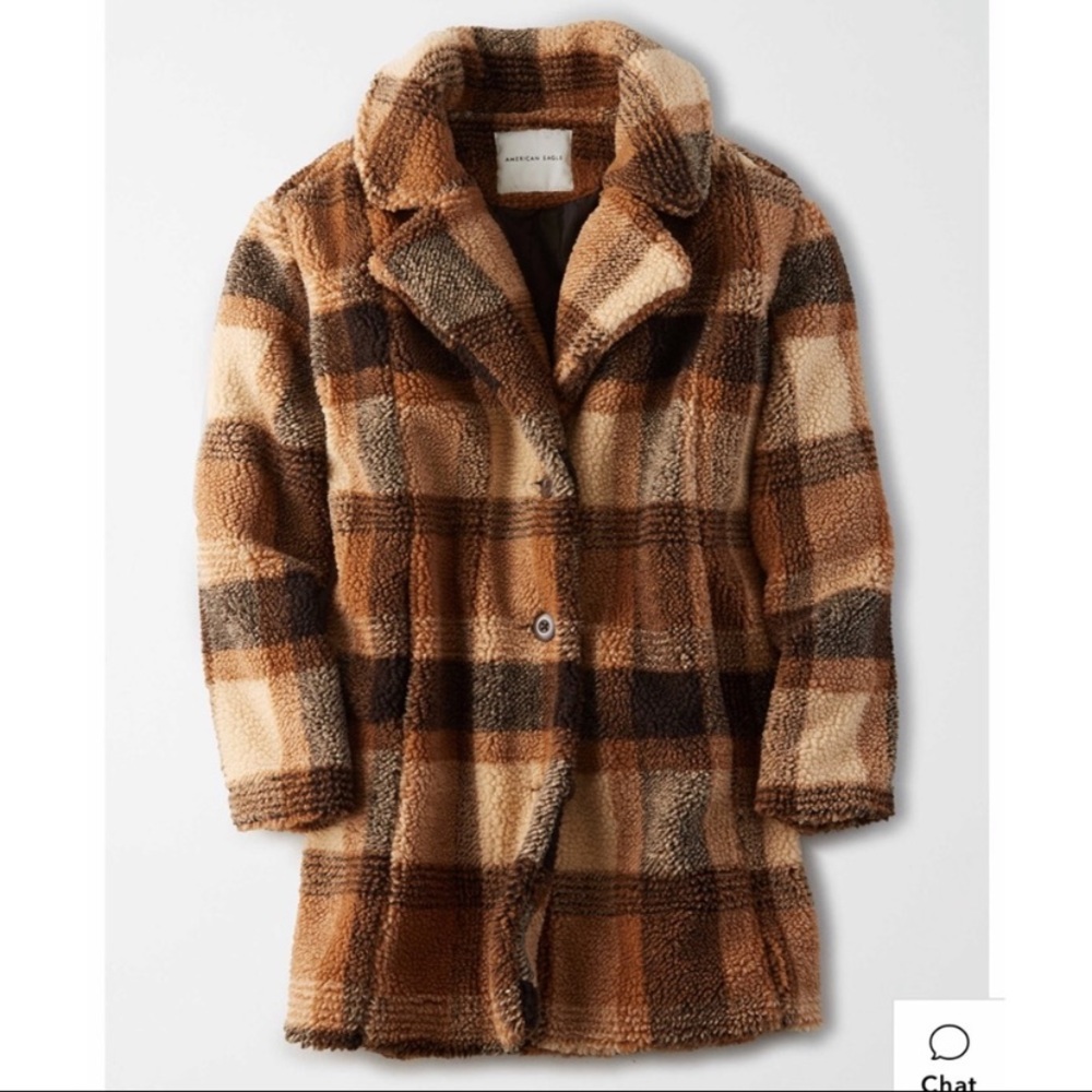 American Eagle Outfitters Plaid Teddy Jacket - Brown and Tan - Picture 3 of 5